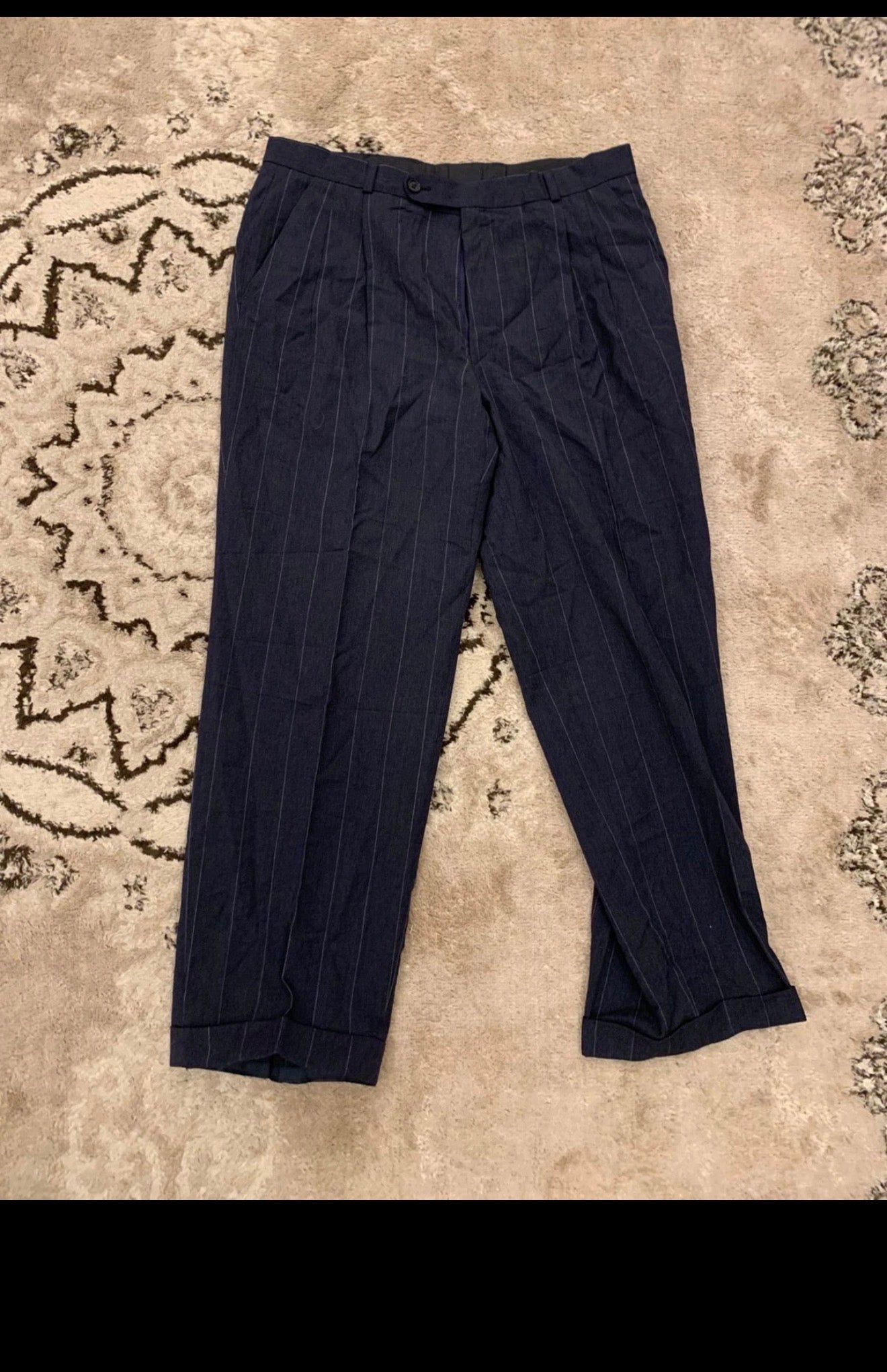 Vintage pure wool double breasted gangster chalk stripes charcoal suit 44R 44L