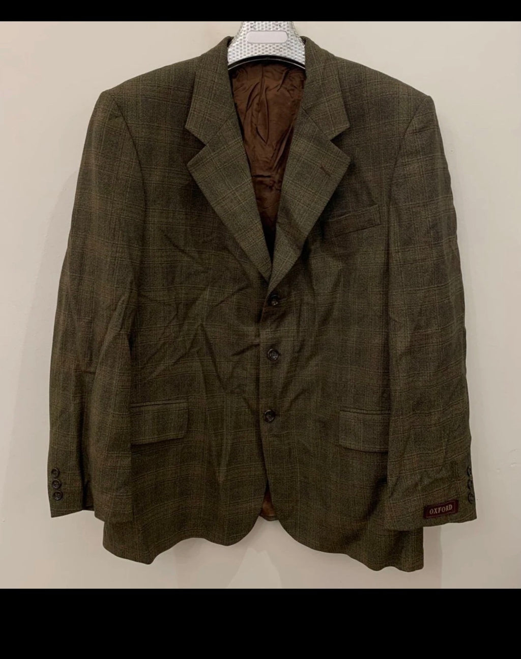 Vintage Oxford pure Wool classic greenish glen check 3 button suit 44R