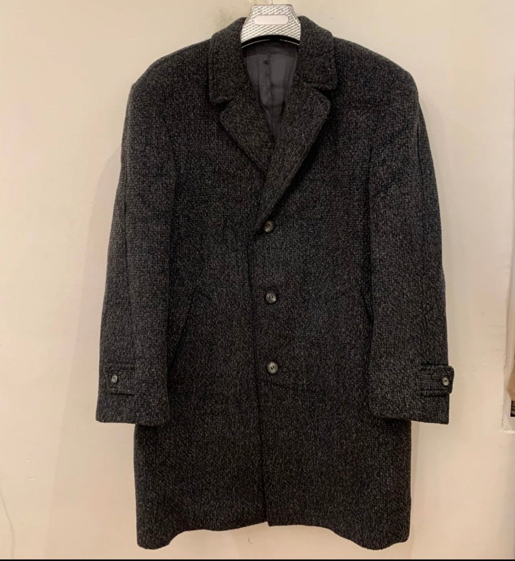 1970s vintage wool Mohair blend classic camouflage charcoal belted over coat 44R