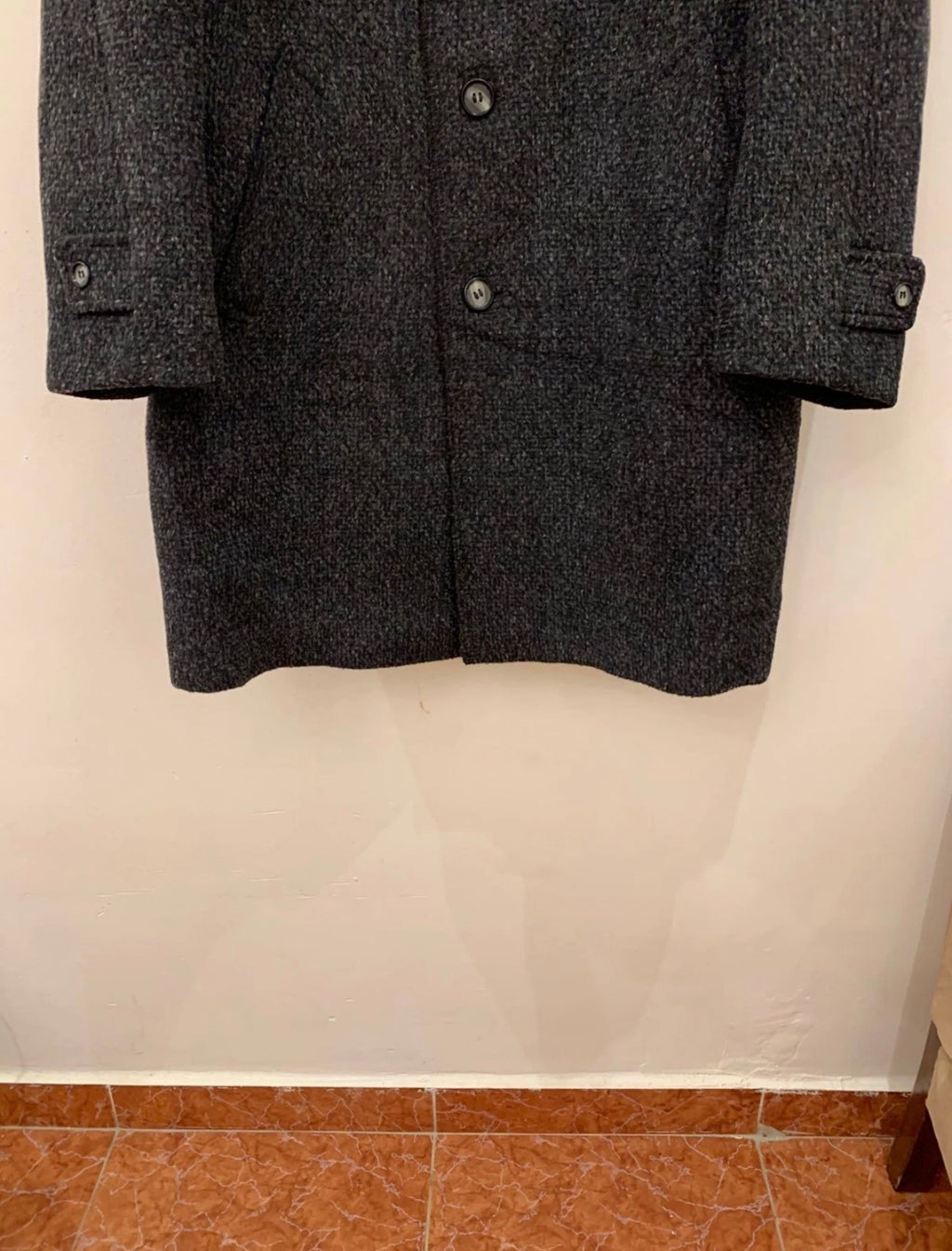 1970s vintage wool Mohair blend classic camouflage charcoal belted over coat 44R
