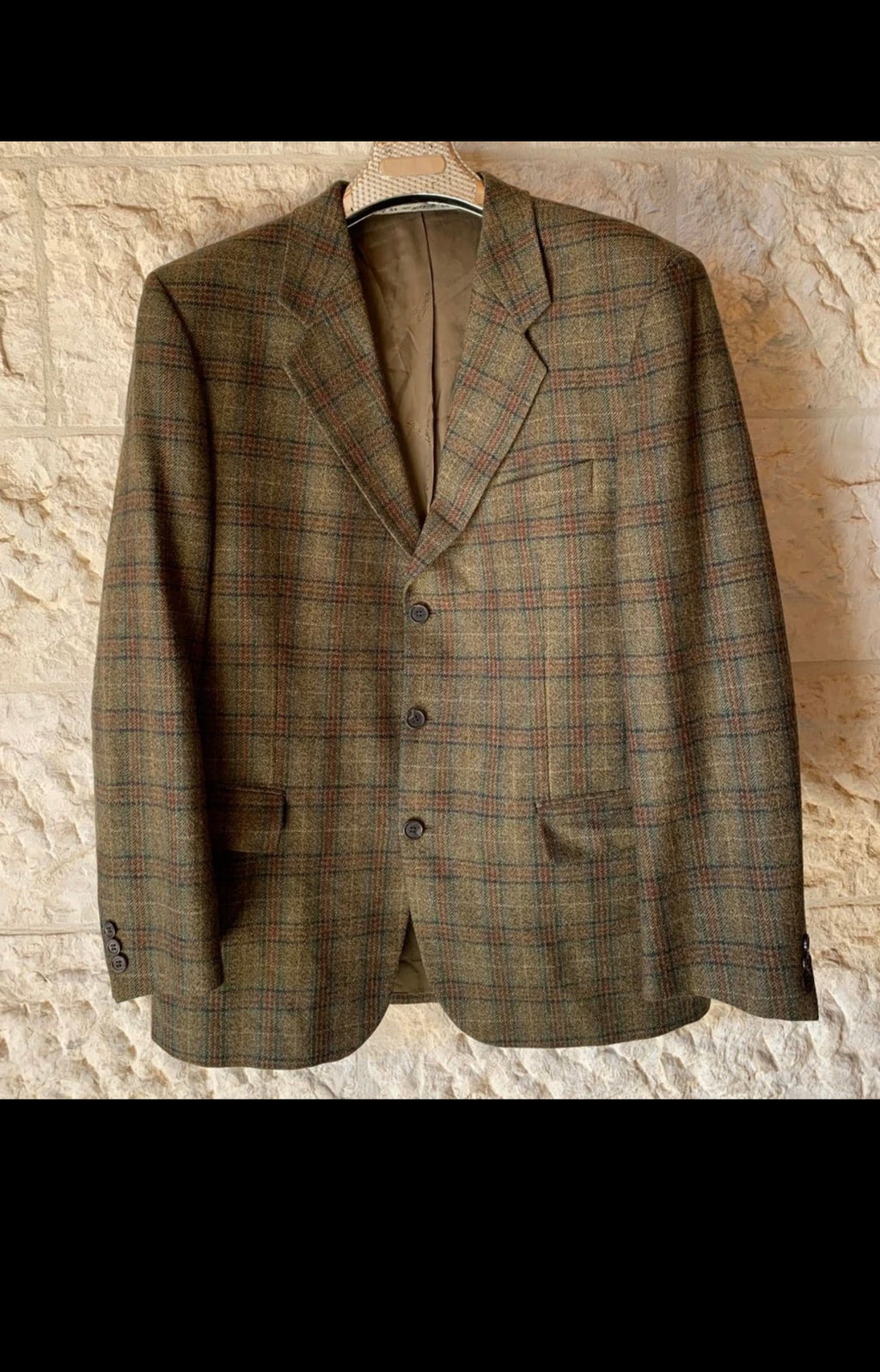 Vintage pure wool soft tweed Windowpane green hunting jacket blazer 46R 46L XL