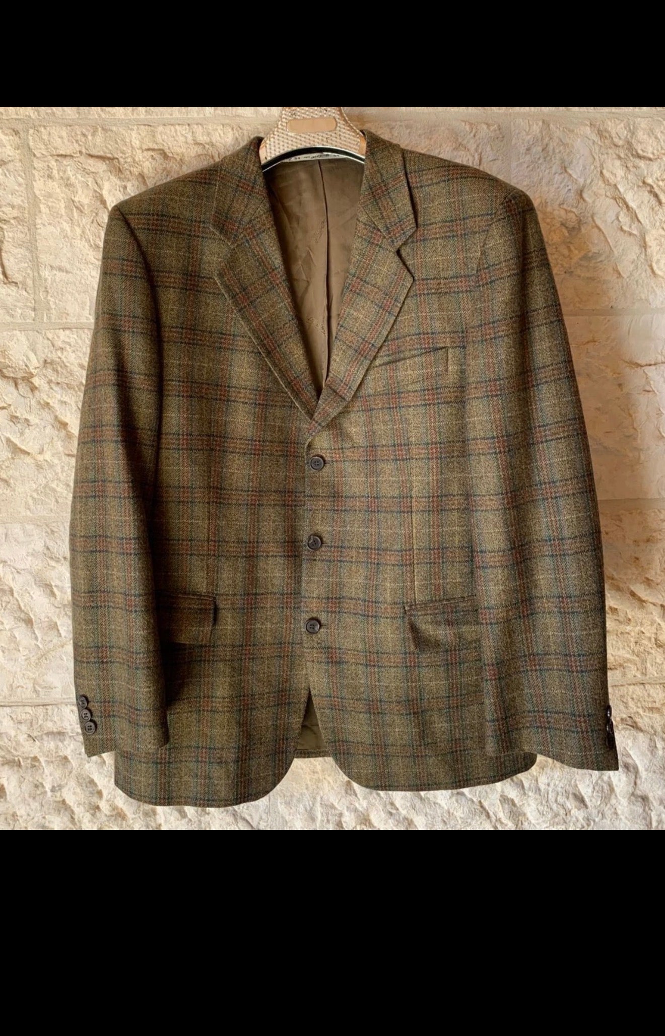 Vintage pure wool soft tweed Windowpane green hunting jacket blazer 46R 46L XL