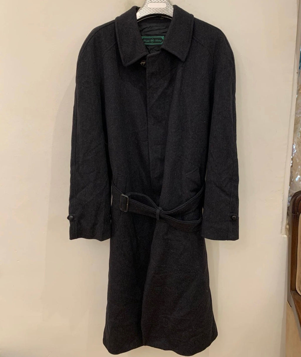 Vintage pure wool charcoal belted classic raglan over coat 48R 48L XL