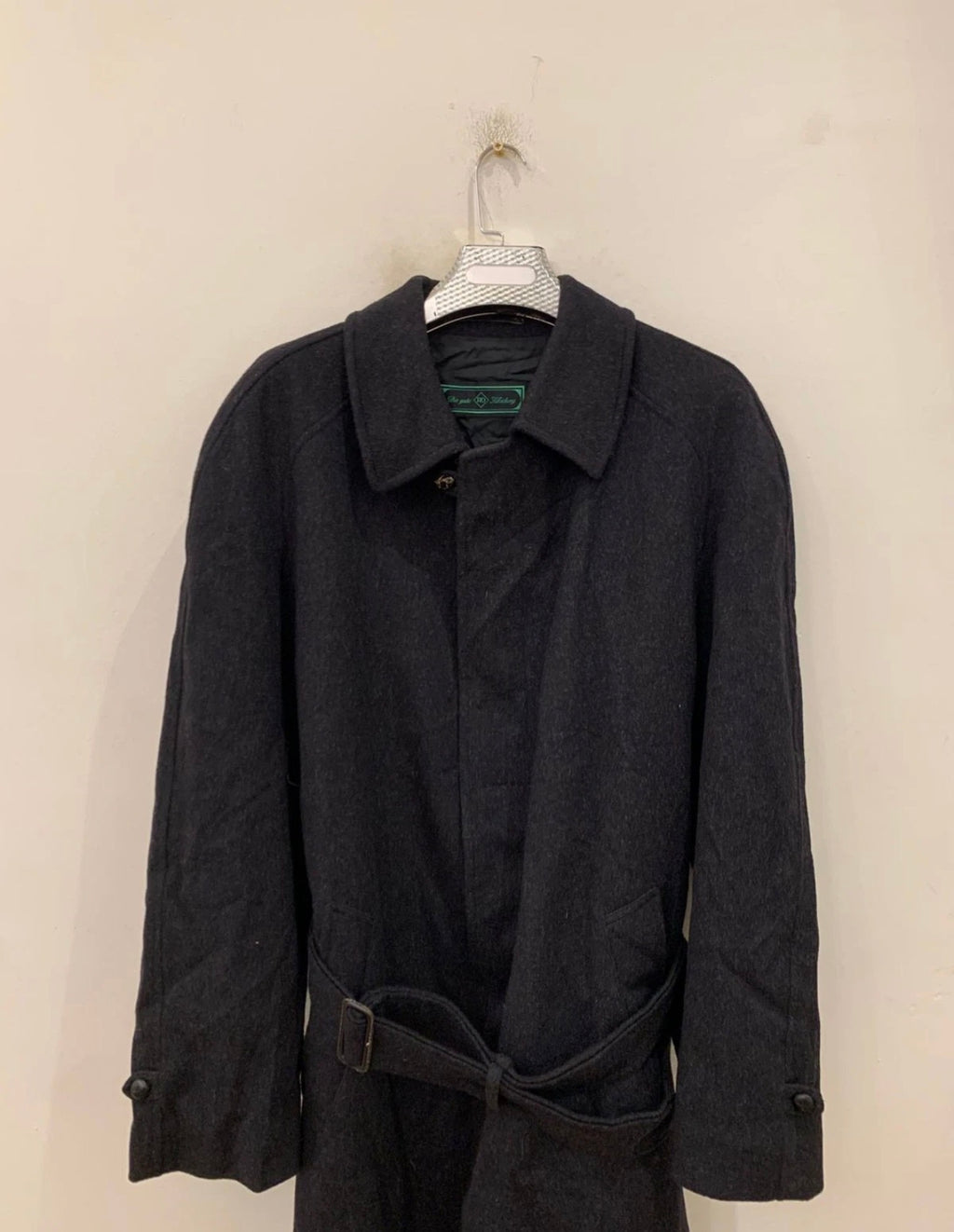 Vintage pure wool charcoal belted classic raglan over coat 48R 48L XL