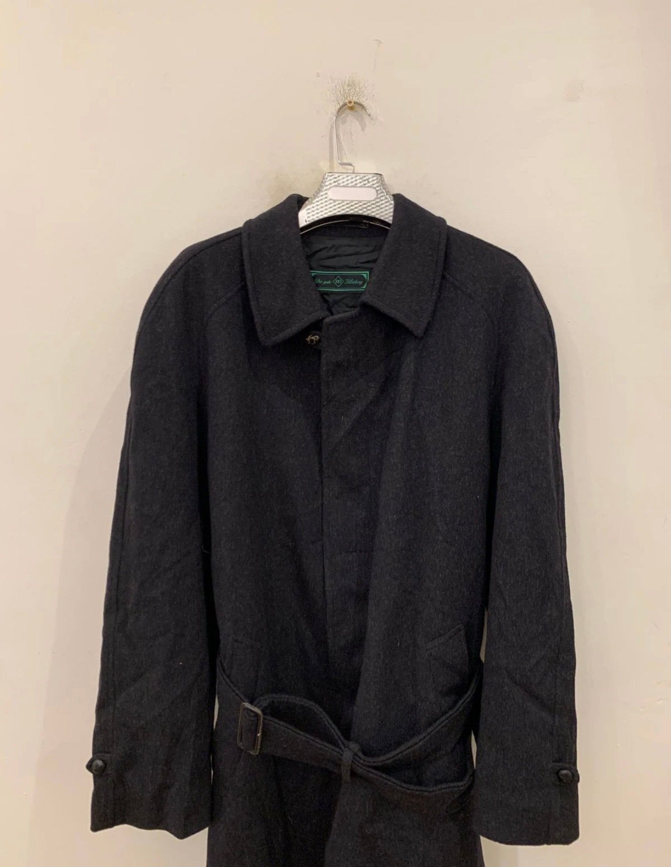 Vintage pure wool charcoal belted classic raglan over coat 48R 48L XL