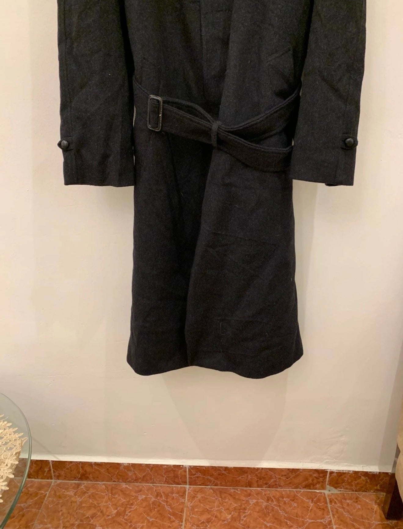 Vintage pure wool charcoal belted classic raglan over coat 48R 48L XL