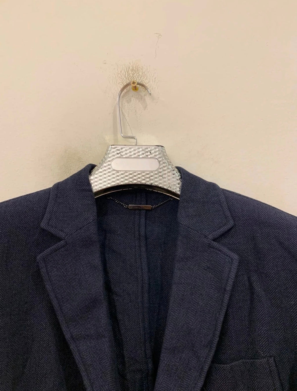 Classic Guess wool linen cotton blend navy herringbone jacket blazer 42R 42L