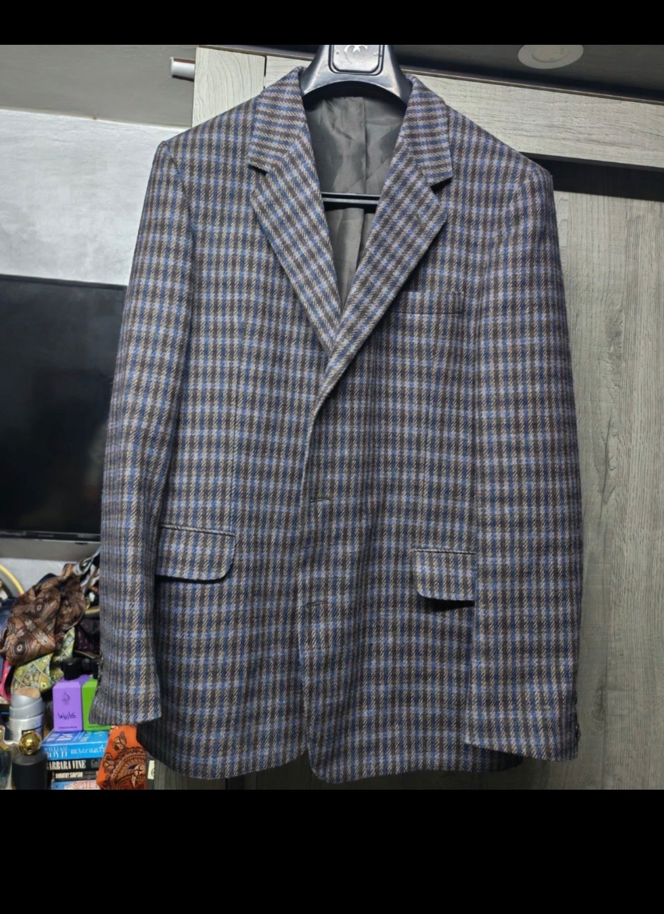 Vintage pure wool tweed camouflage plaid classic brown jacket blazer 42R 42L