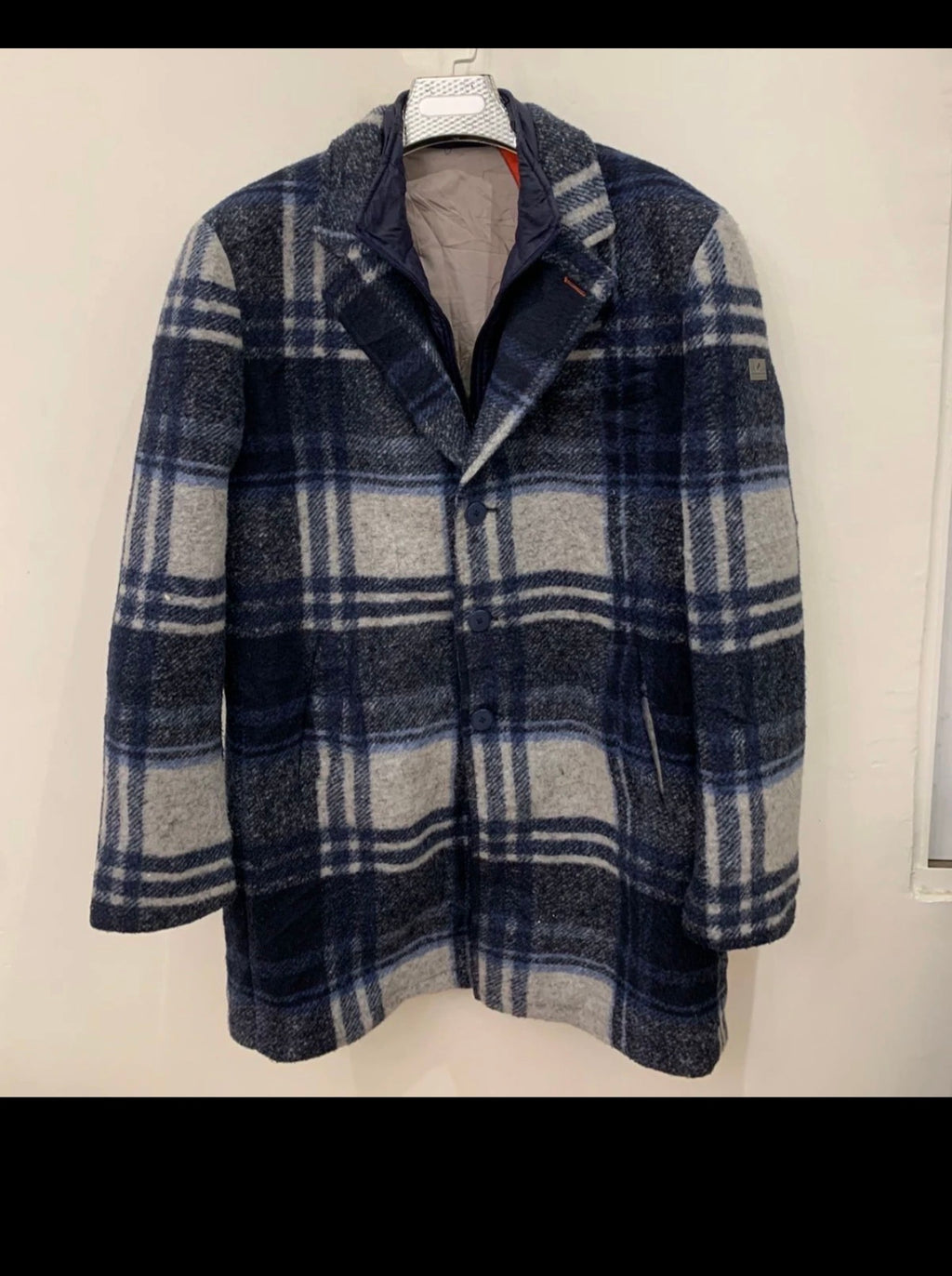 Classic unique style wool blended plaid gray navy blue over coat 44R 44L