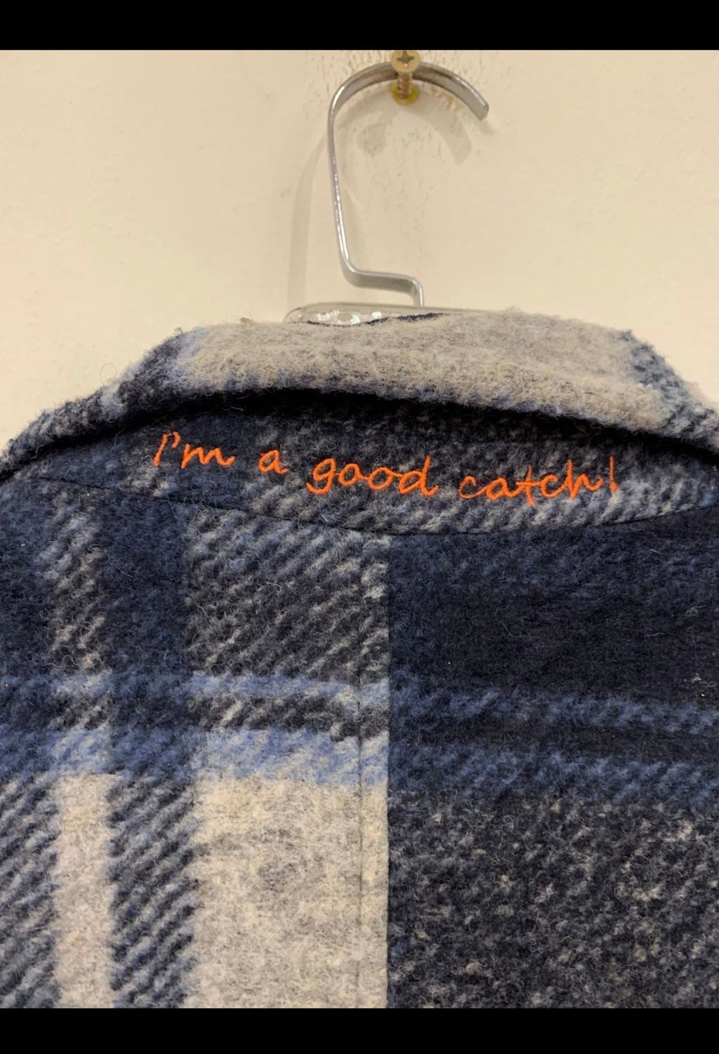 Classic unique style wool blended plaid gray navy blue over coat 44R 44L