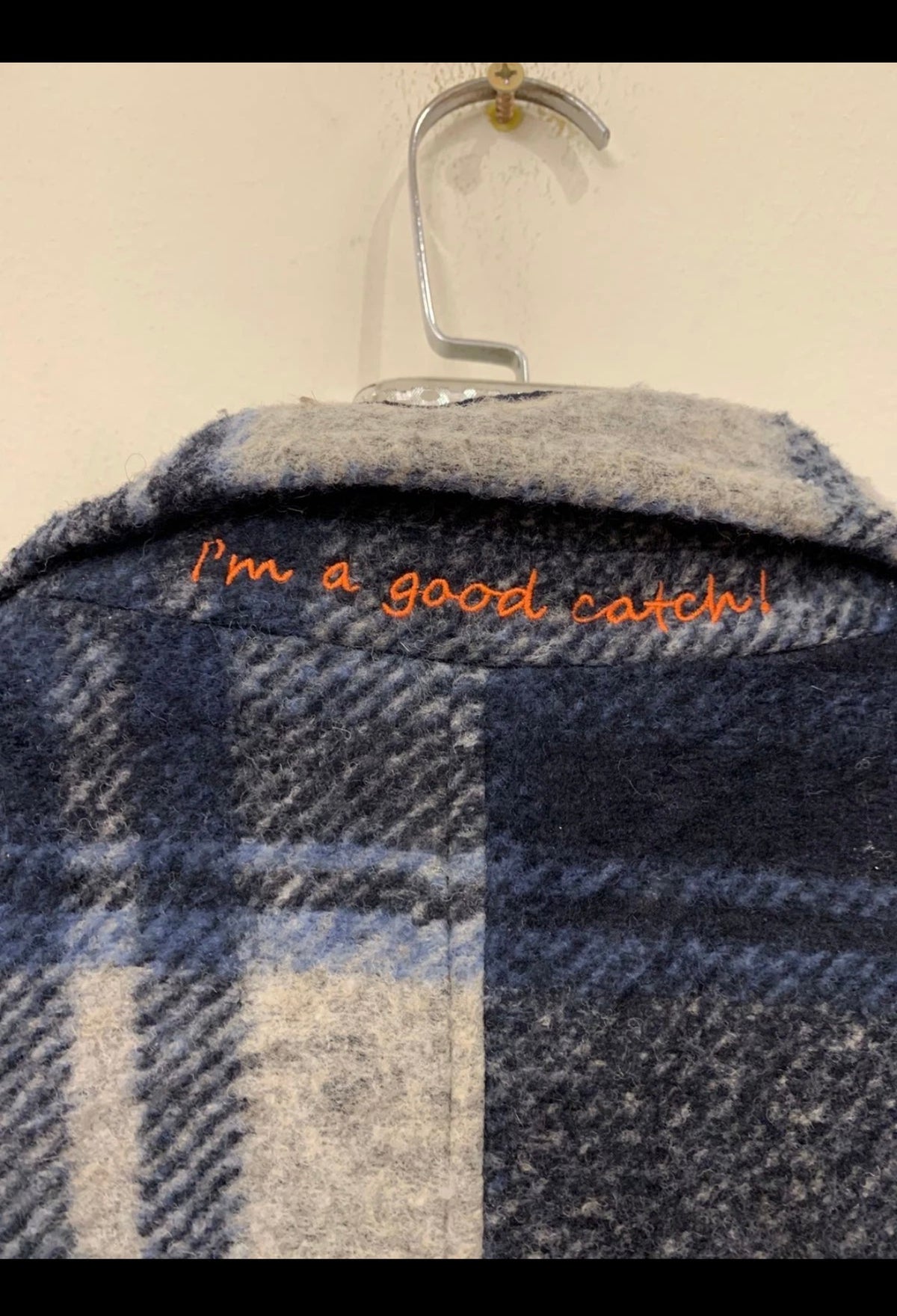 Classic unique style wool blended plaid gray navy blue over coat 44R 44L