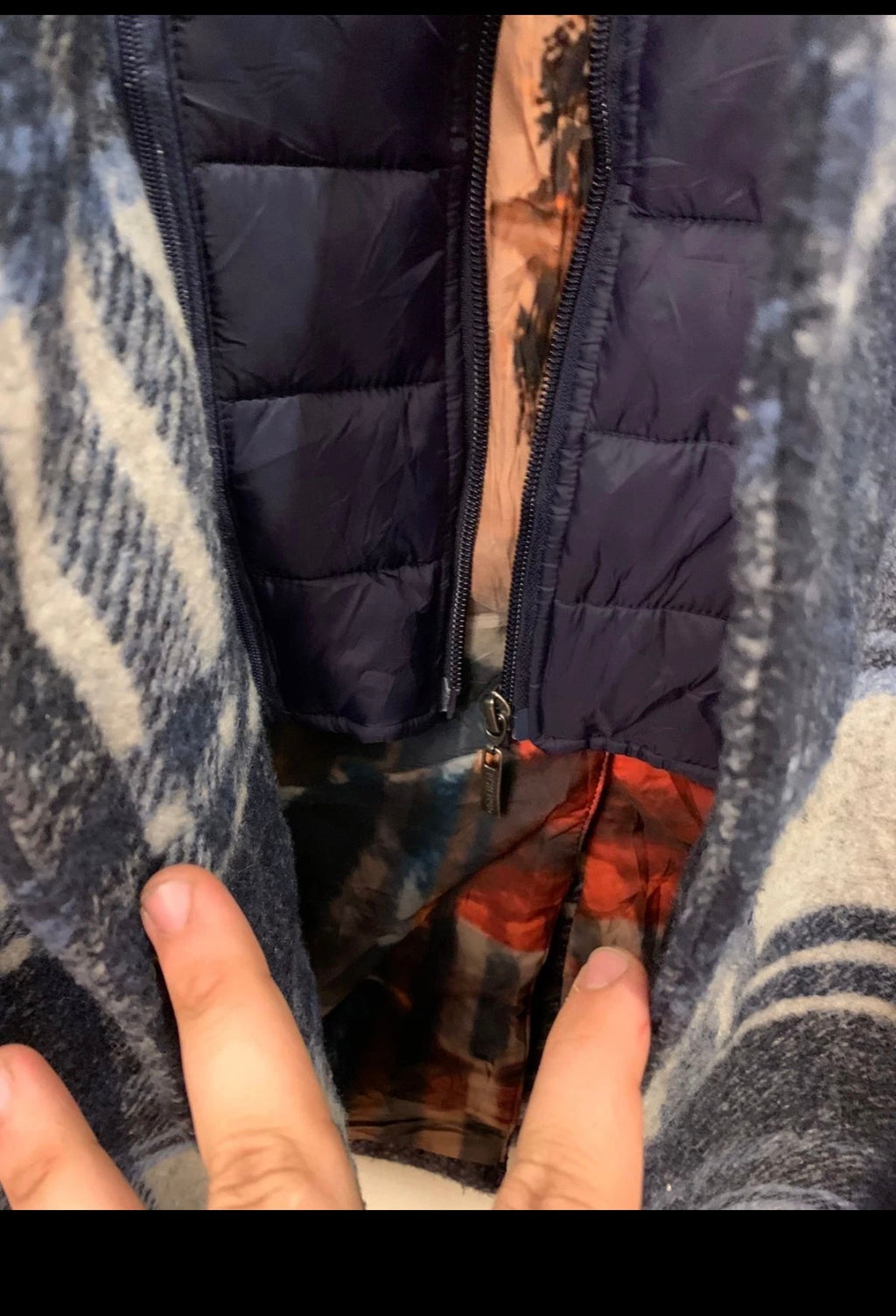 Classic unique style wool blended plaid gray navy blue over coat 44R 44L
