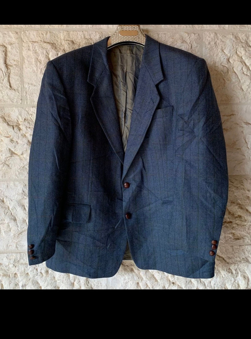Vintage pure Lambswool Windowpane plaid classic blue hunting jacket blazer 44R