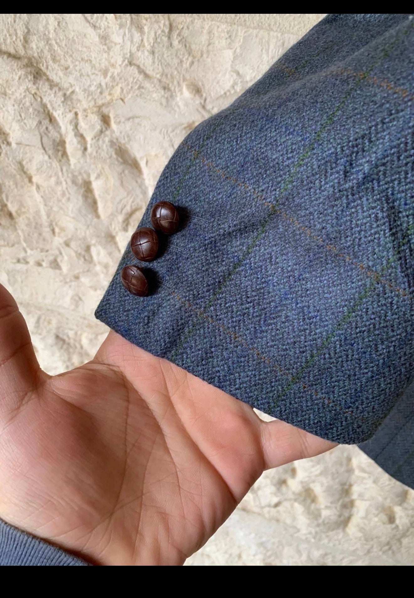 Vintage pure Lambswool Windowpane plaid classic blue hunting jacket blazer 44R