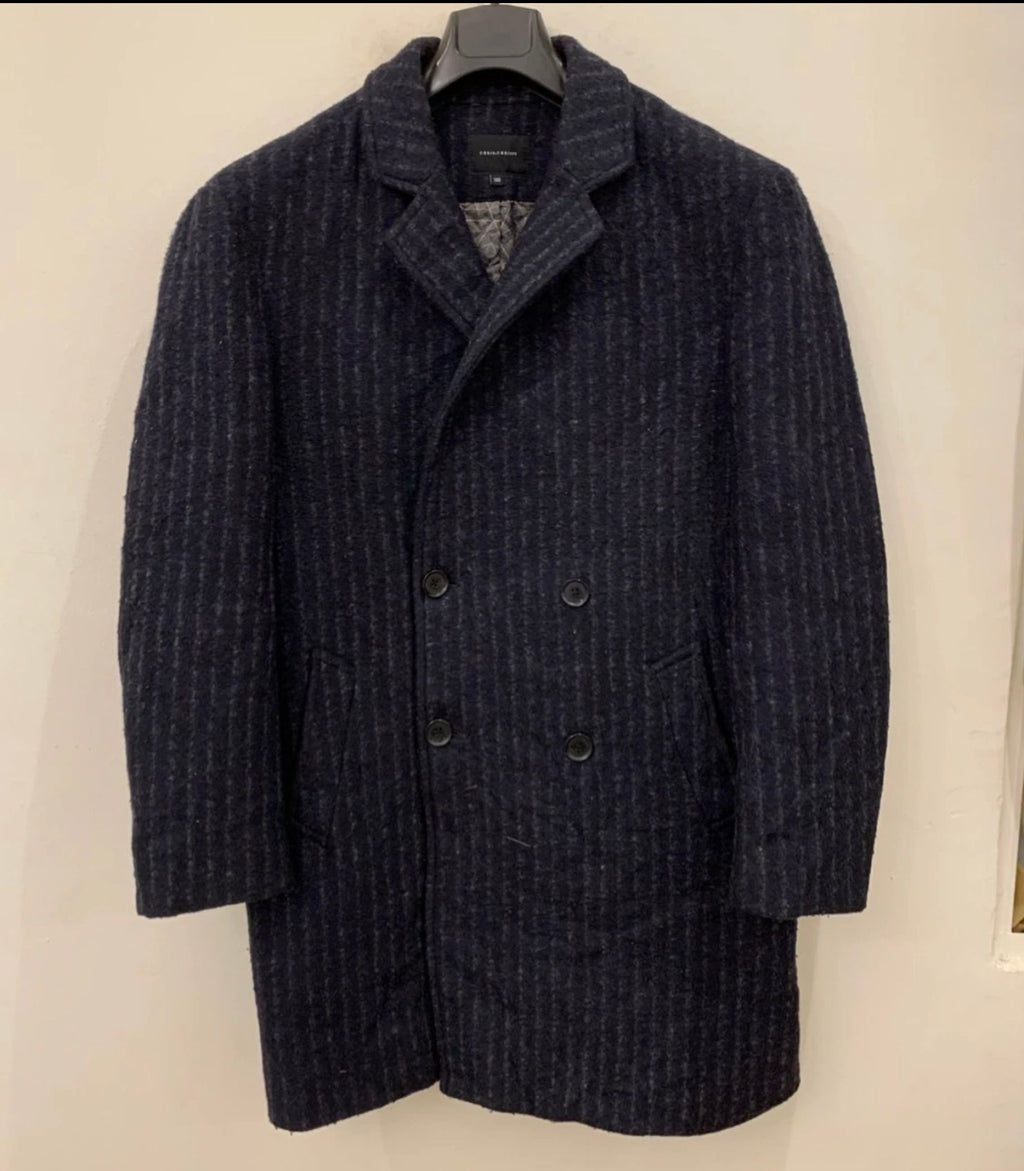 Classic style wool blend double breasted chalk stripe navy over coat 42R