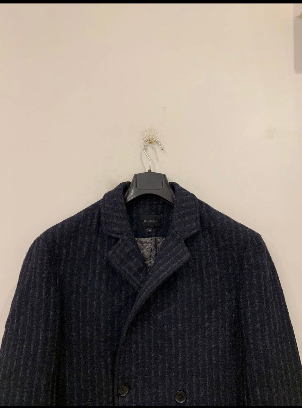 Classic style wool blend double breasted chalk stripe navy over coat 42R