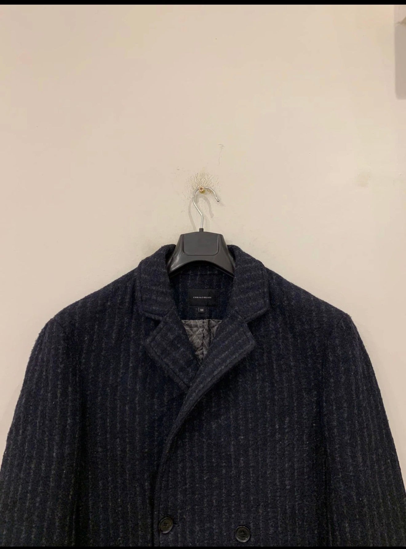Classic style wool blend double breasted chalk stripe navy over coat 42R