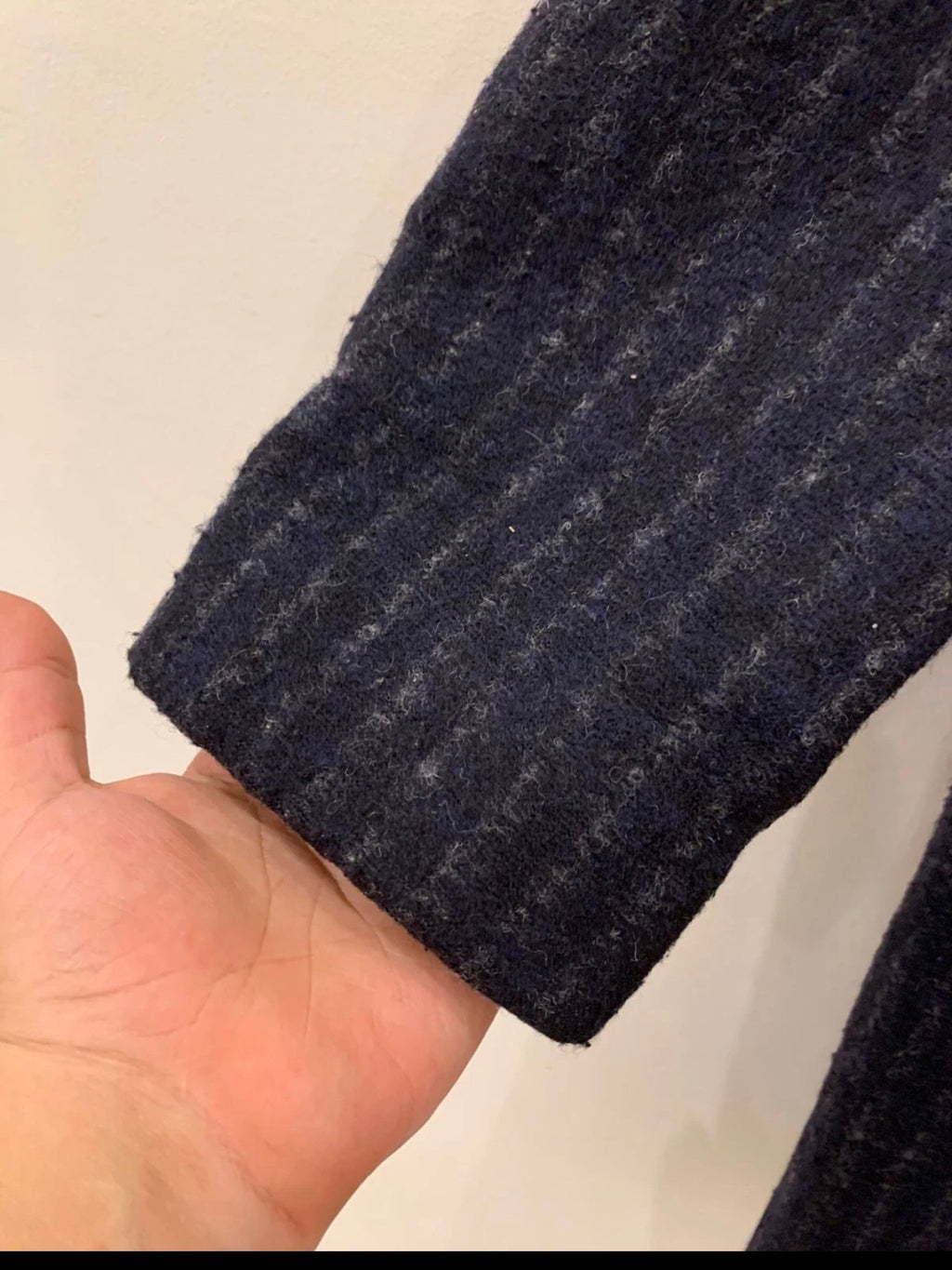Classic style wool blend double breasted chalk stripe navy over coat 42R