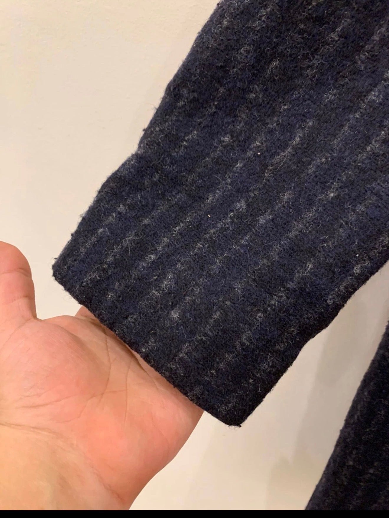 Classic style wool blend double breasted chalk stripe navy over coat 42R