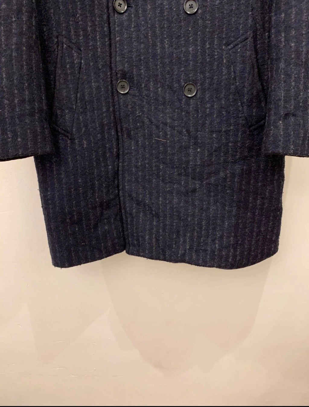 Classic style wool blend double breasted chalk stripe navy over coat 42R