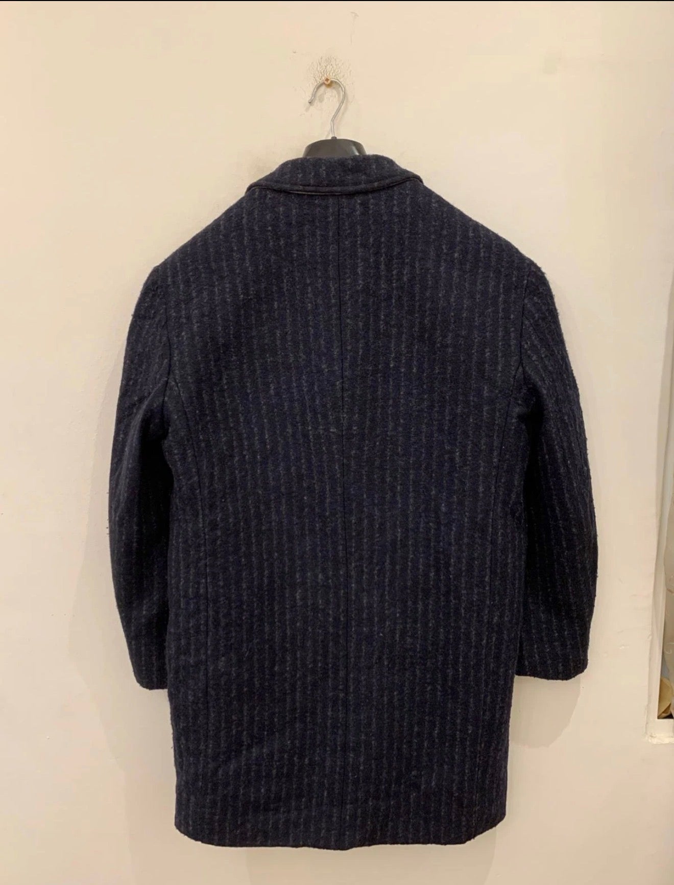 Classic style wool blend double breasted chalk stripe navy over coat 42R