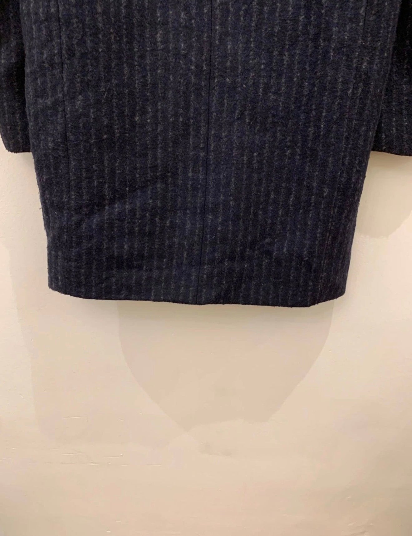 Classic style wool blend double breasted chalk stripe navy over coat 42R