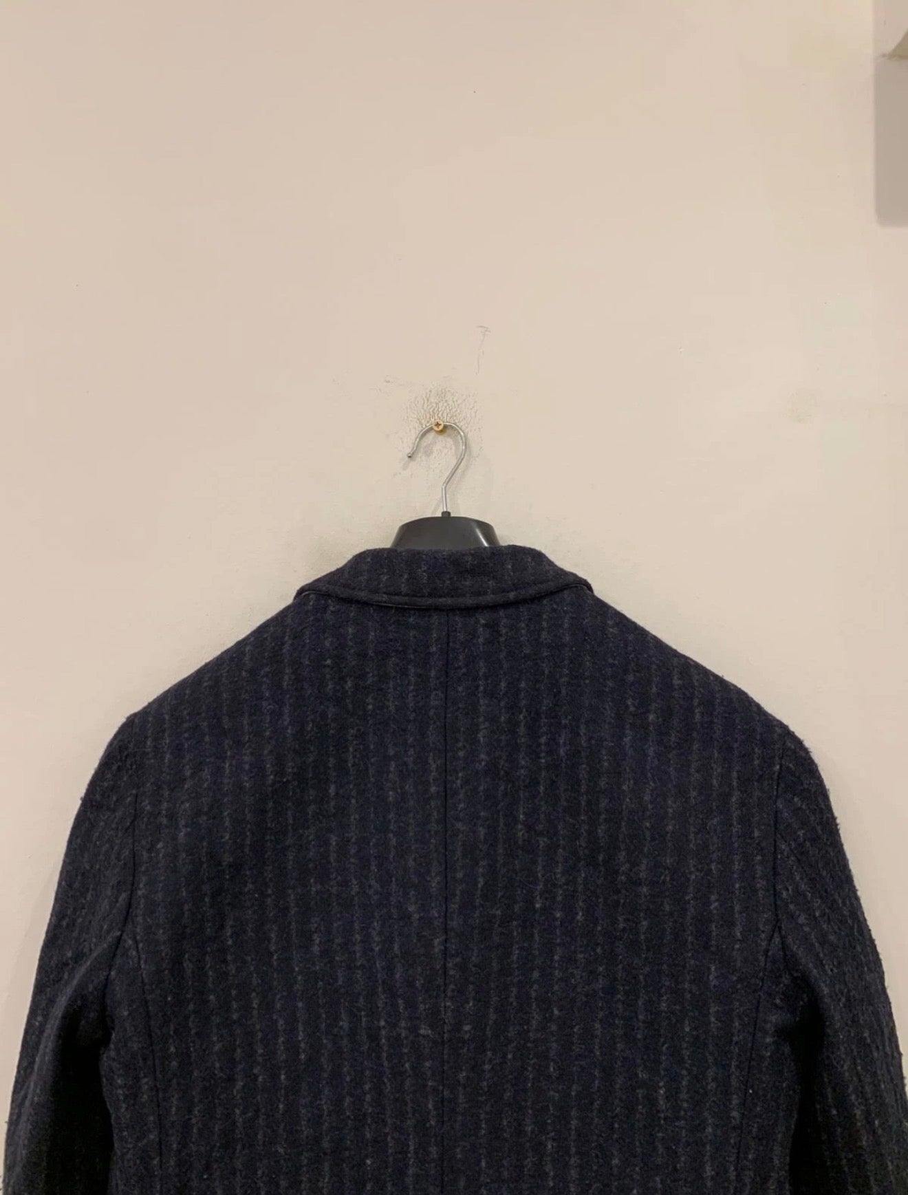 Classic style wool blend double breasted chalk stripe navy over coat 42R