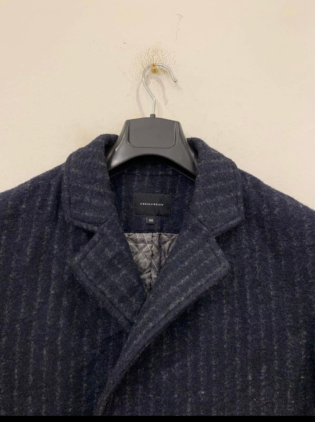 Classic style wool blend double breasted chalk stripe navy over coat 42R