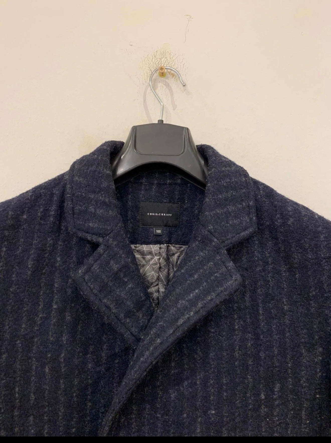 Classic style wool blend double breasted chalk stripe navy over coat 42R