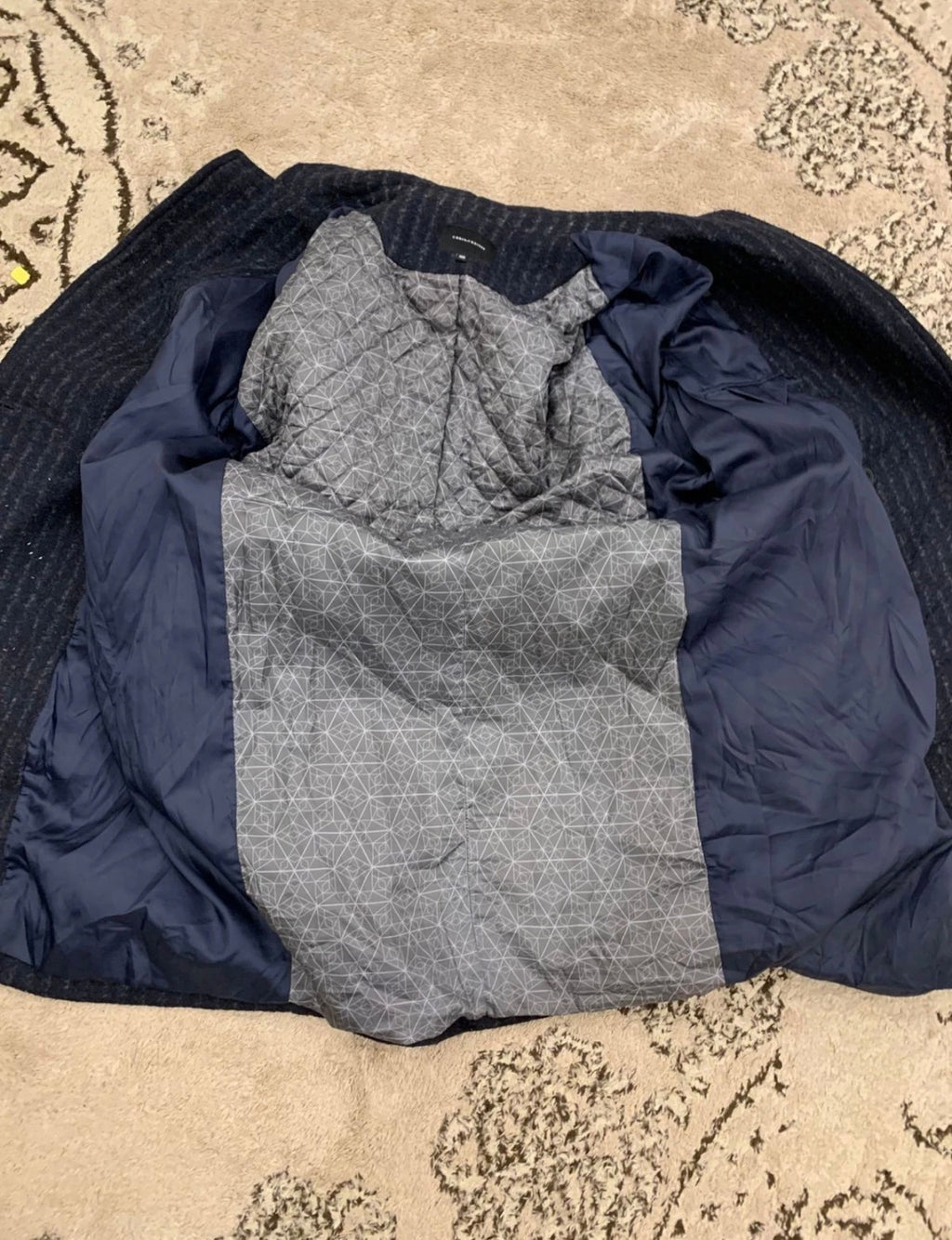 Classic style wool blend double breasted chalk stripe navy over coat 42R