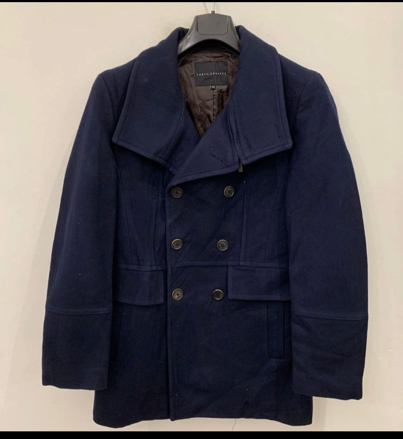 Classic woollen wool double breasted belted navy pea over coat 38R