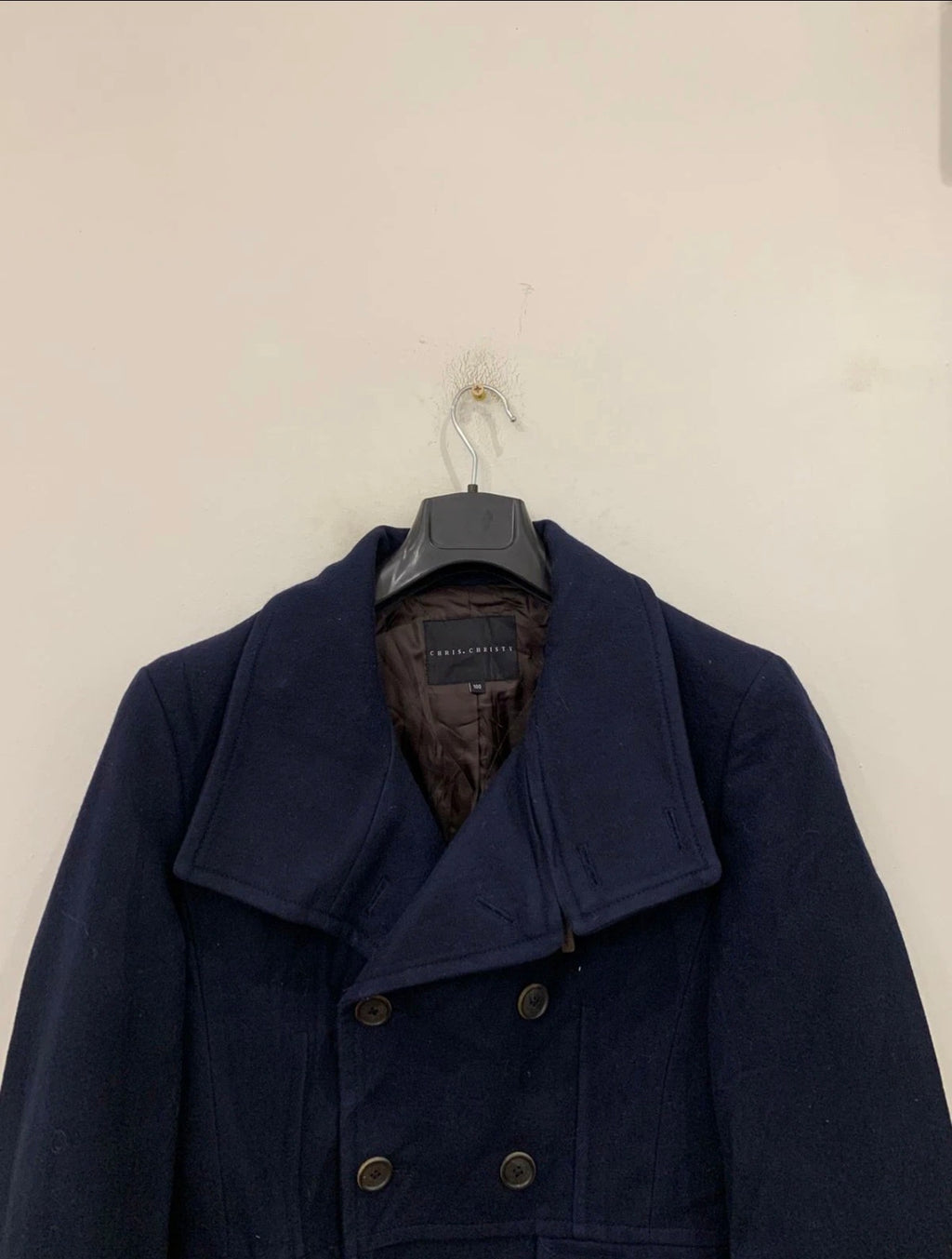 Classic woollen wool double breasted belted navy pea over coat 38R