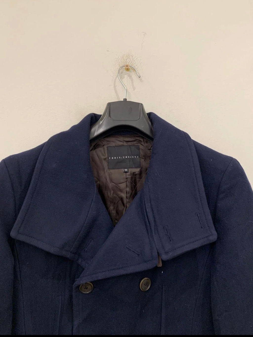 Classic woollen wool double breasted belted navy pea over coat 38R