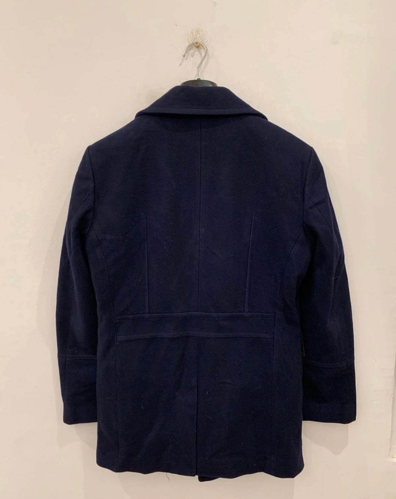 Classic woollen wool double breasted belted navy pea over coat 38R