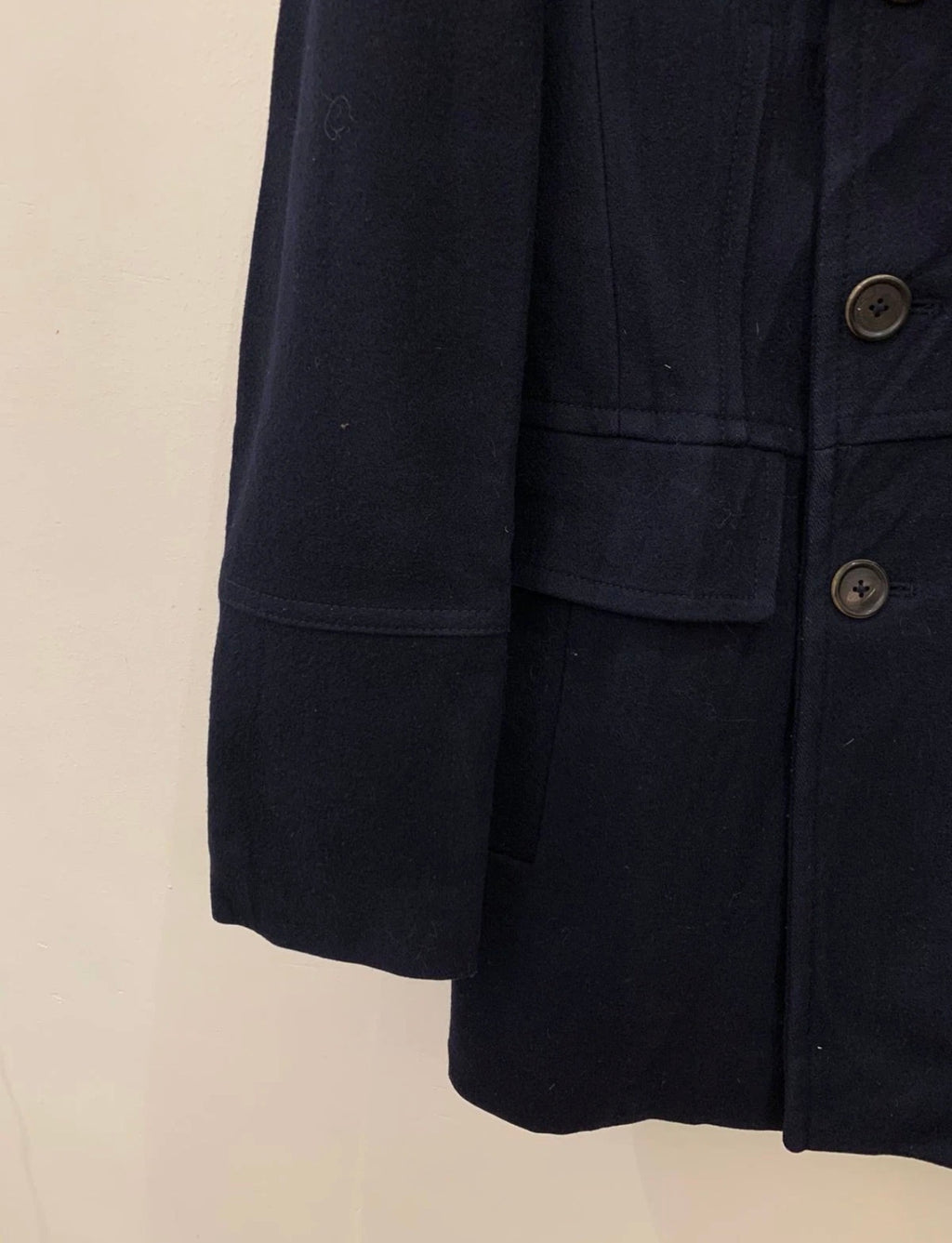 Classic woollen wool double breasted belted navy pea over coat 38R