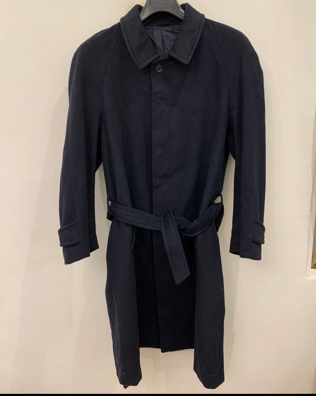 Vintage Bianchi Wool Cashmere blend navy belted raglan classic over coat 42R