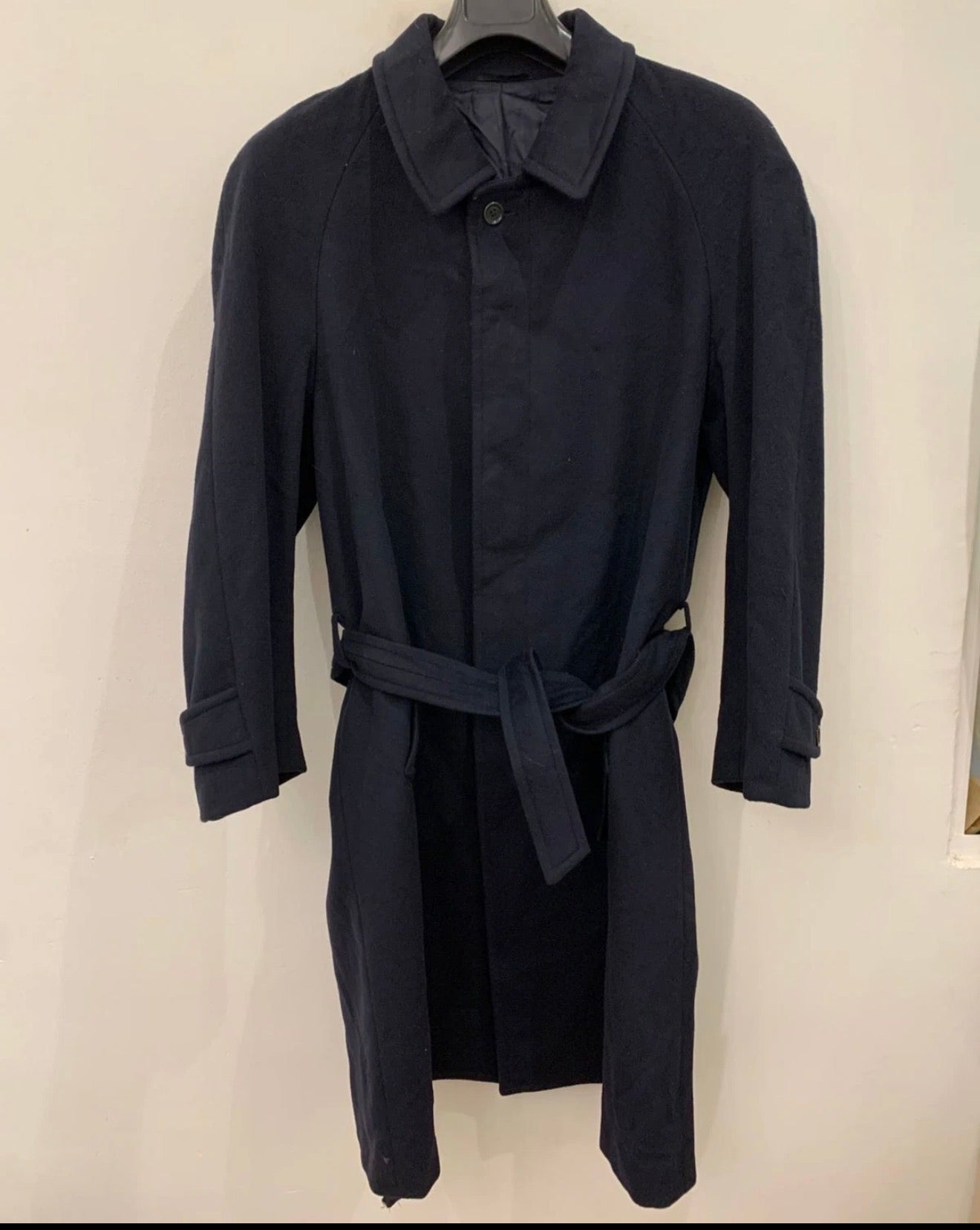 Vintage Bianchi Wool Cashmere blend navy belted raglan classic over coat 42R