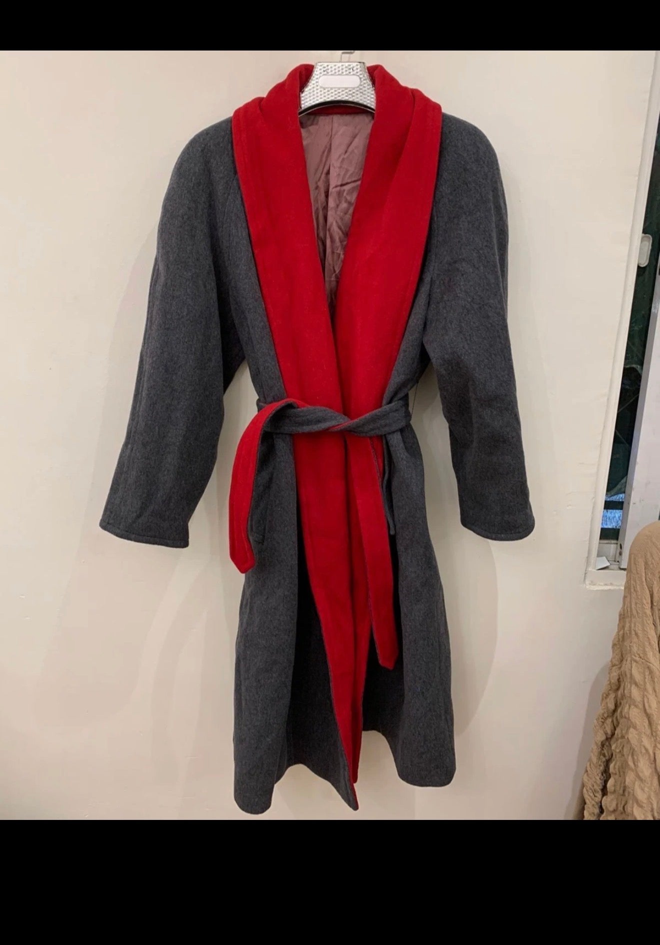 Vintage pure wool classic belted raglan charcoal red long over coat 48 XL 18