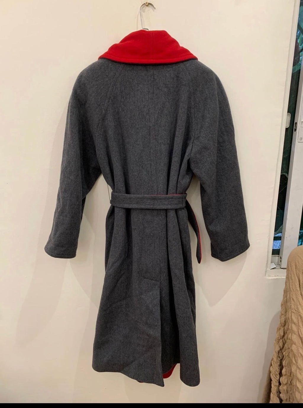 Vintage pure wool classic belted raglan charcoal red long over coat 48 XL 18