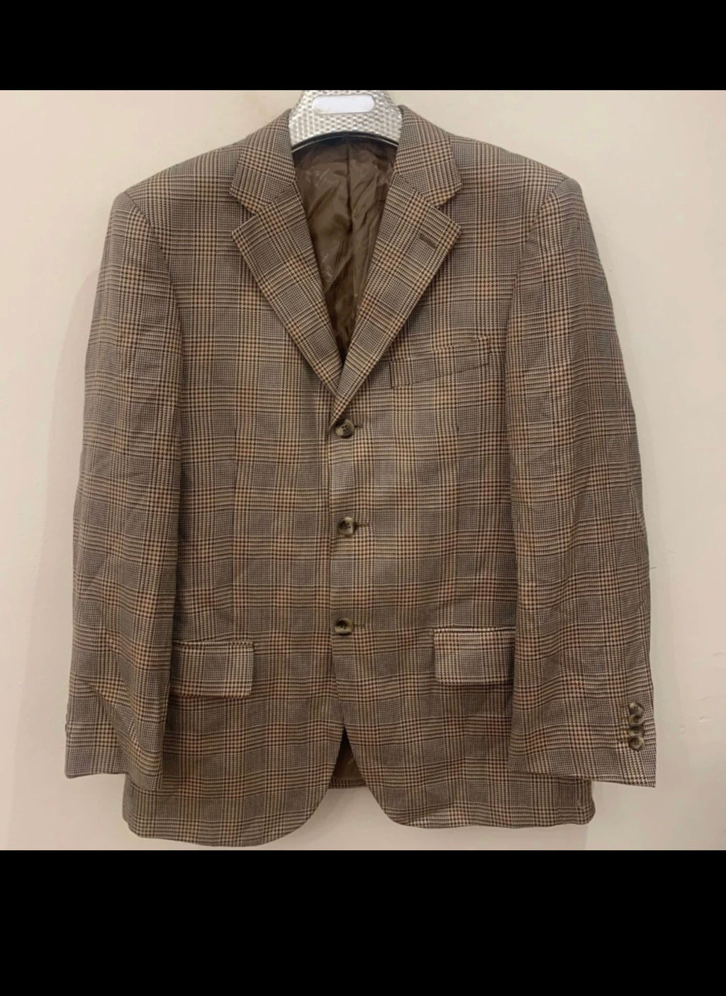 Vintage Silk Wool Cashmere Classic glen check brown jacket blazer 38R
