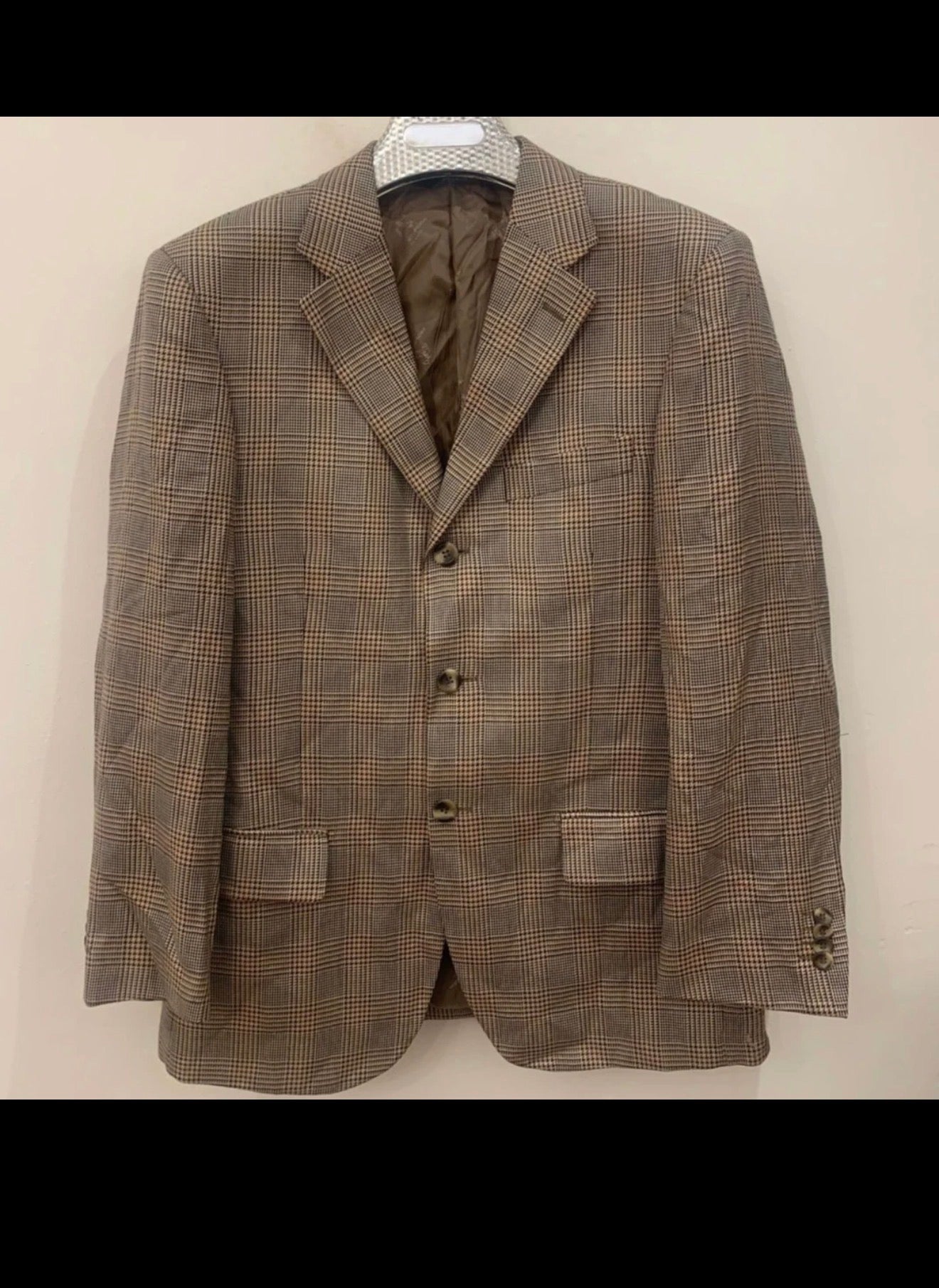 Vintage Silk Wool Cashmere Classic glen check brown jacket blazer 38R