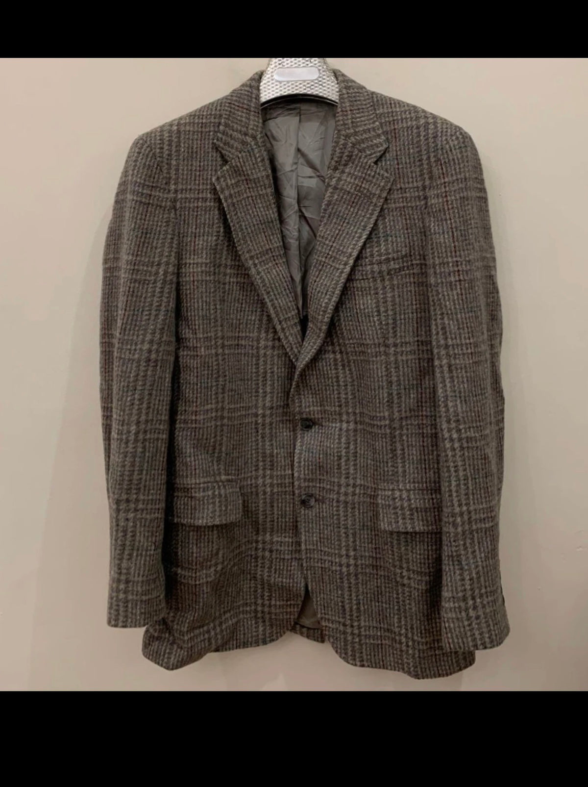 Vintage pure wool handwoven tweed glen check gray hunting jacket blazer 38L 38R