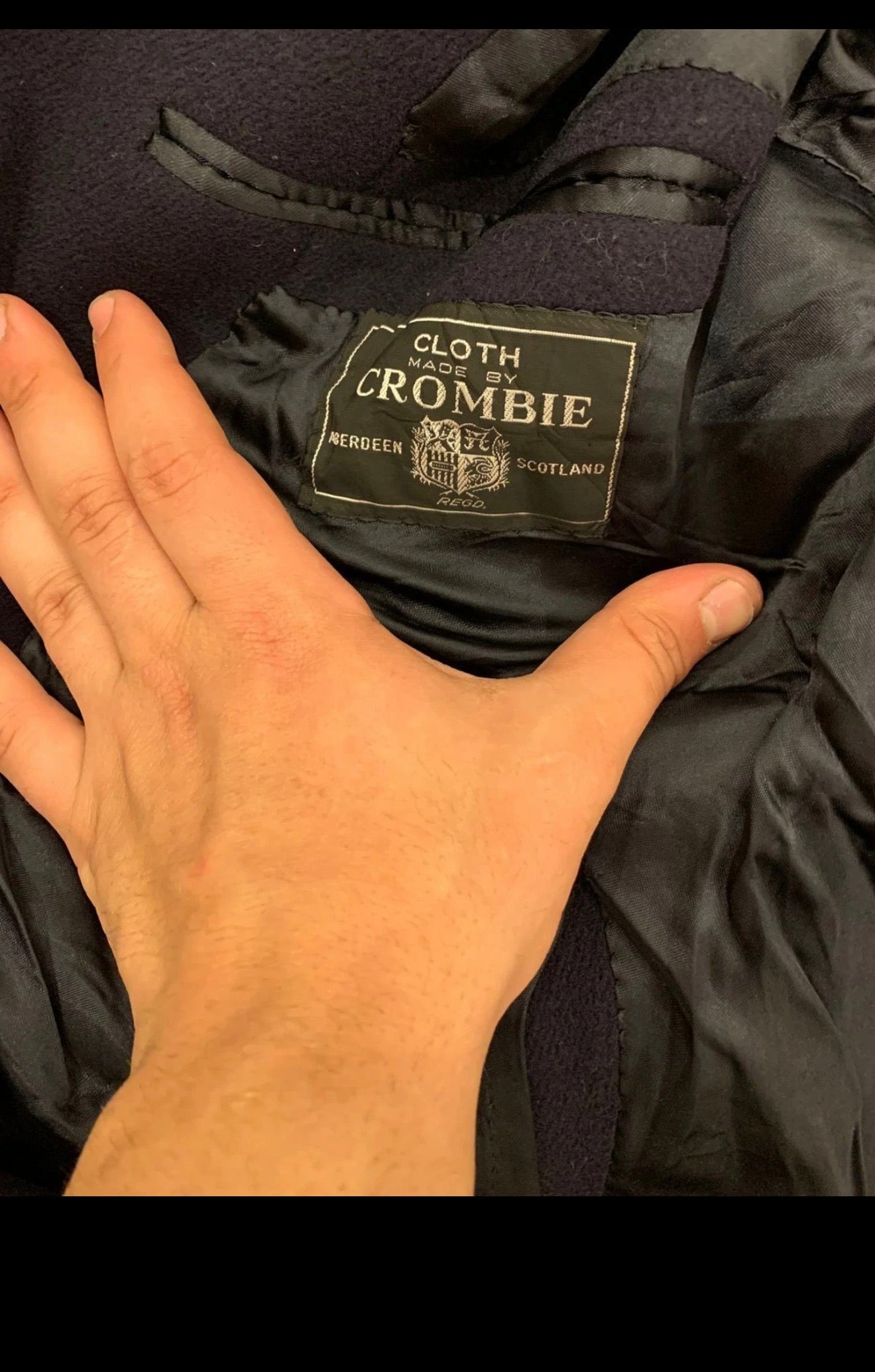 Vintage Crombie wool cashmere classic velvet collar navy suit over coat 50R 2XL