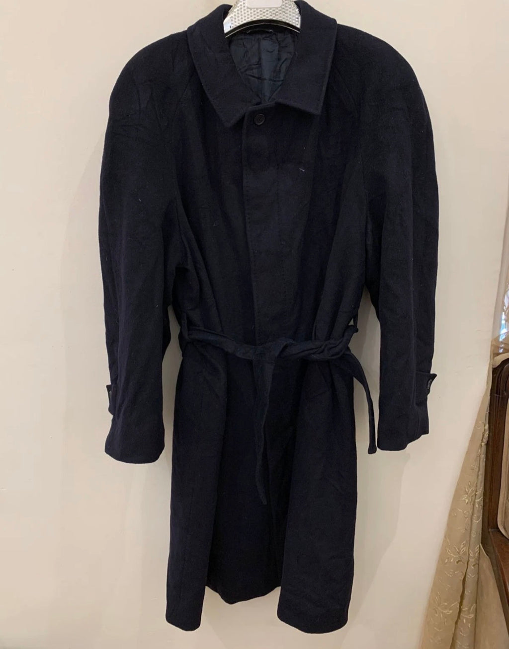 Vintage wool cashmere blend belted navy classic raglan over coat 48R 48L XL