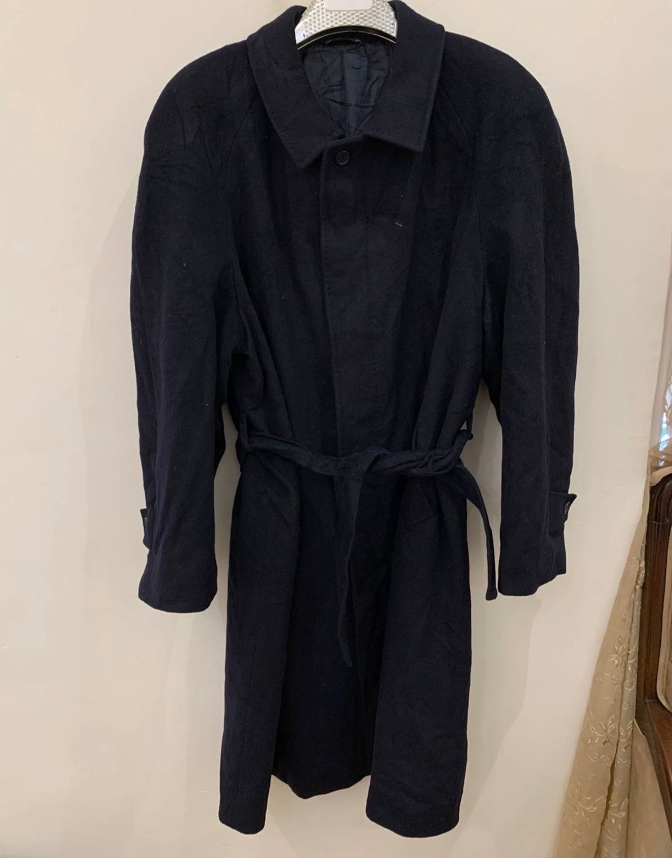 Vintage wool cashmere blend belted navy classic raglan over coat 48R 48L XL