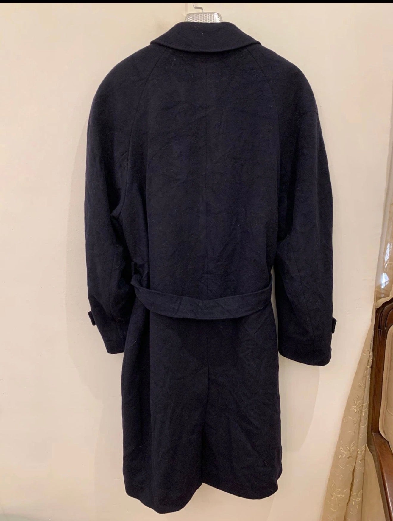 Vintage wool cashmere blend belted navy classic raglan over coat 48R 48L XL