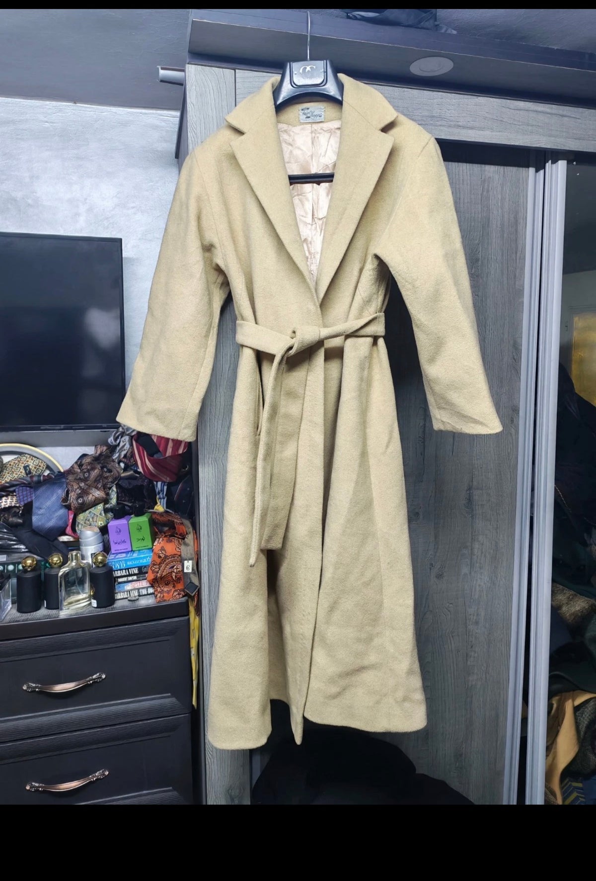 Vintage pure wool classic camel beige belted long over coat 38 8 M