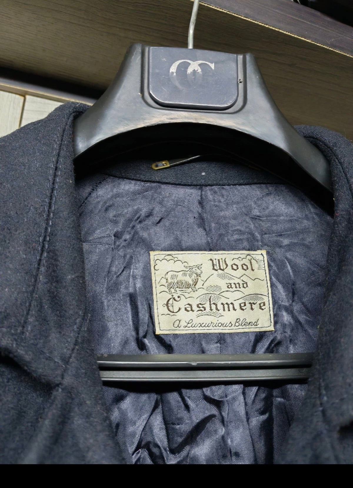 Vintage wool cashmere blend belted navy classic long over coat 44R