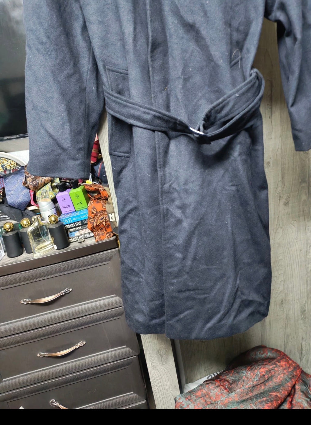 Vintage wool cashmere blend belted navy classic long over coat 44R