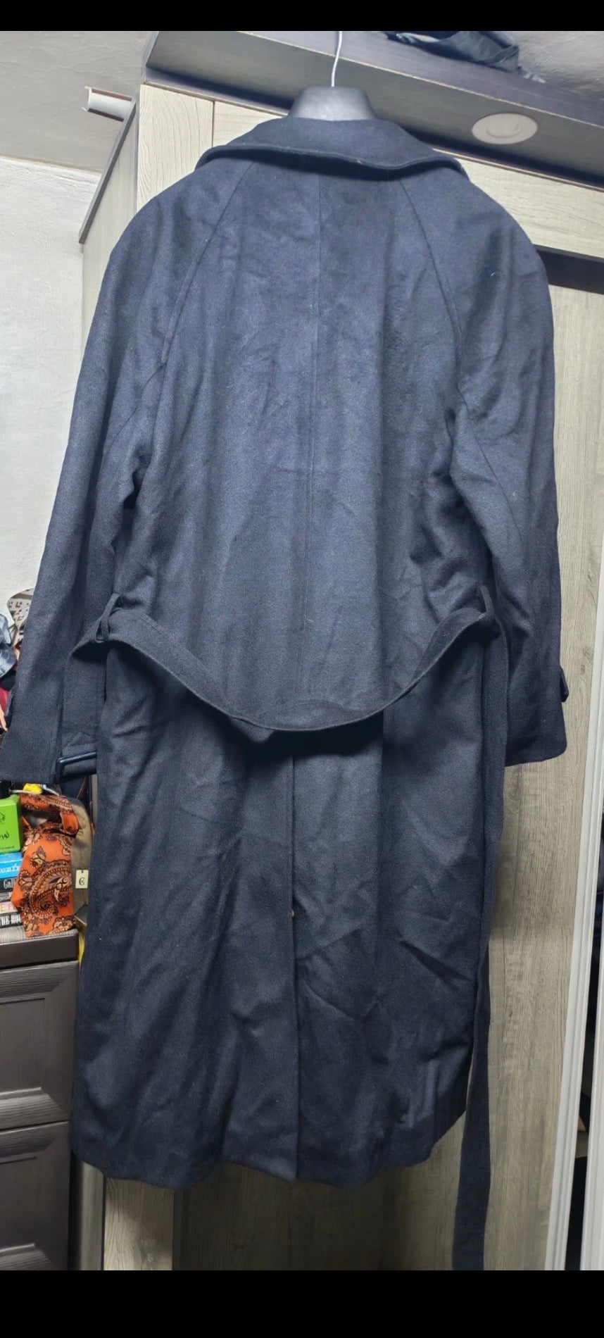 Vintage wool cashmere blend belted navy classic long over coat 44R
